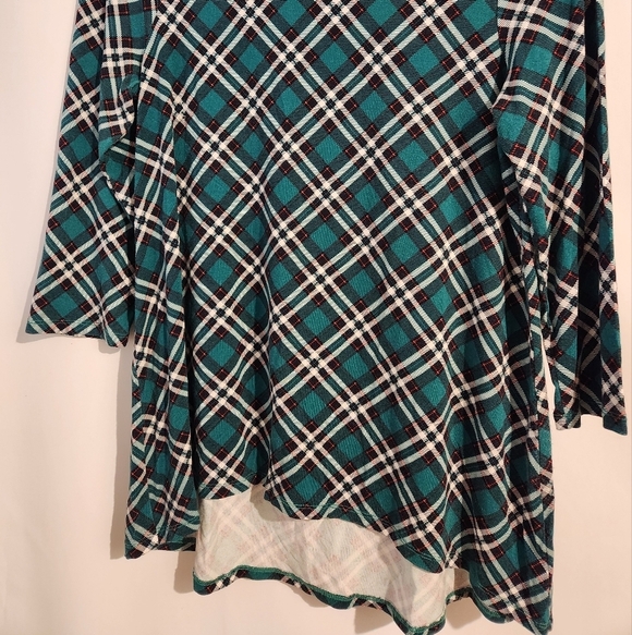 Kim Rogers Romy Green Red Boxy 3/4 Sleeve Blouse M High Low Hem - Picture 2 of 7